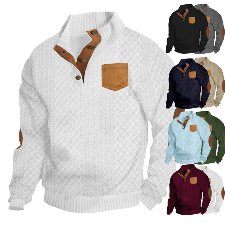 Men's cable-knit sweater with stand collar, button placket, patch breast pocket, and leather-look elbow patches StylebySassy