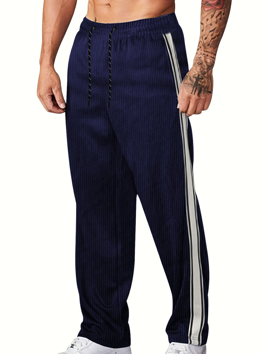 Men's knitted relaxed joggers with wide leg, side piping, and elastic drawstring waistband StylebySassy