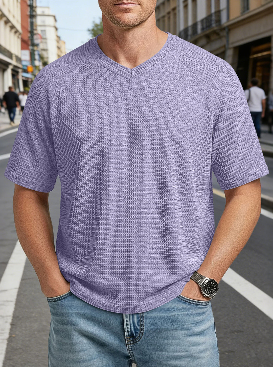 Men's casual V-neck waffle knit T-shirt made of breathable cotton blend StylebySassy