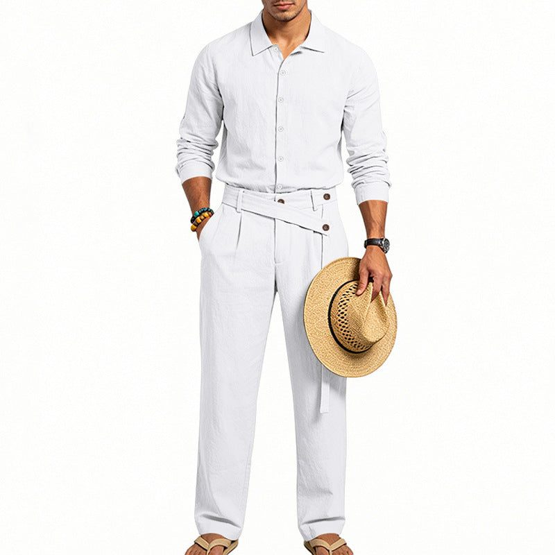 Men's elegant linen two-piece set with shirt and high-waisted pants with tie belt StylebySassy