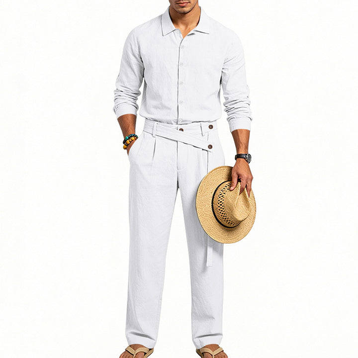 Men's elegant linen two-piece set with shirt and high-waisted pants with tie belt StylebySassy