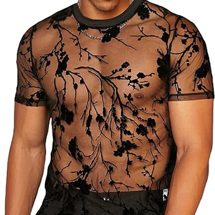 Women's nano transparent mesh top with floral velvet embroidery and round neckline StylebySassy