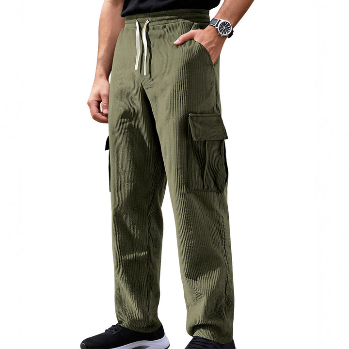Men's casual corduroy cargo pants with elastic drawstring waist, straight leg, and flap pockets StylebySassy