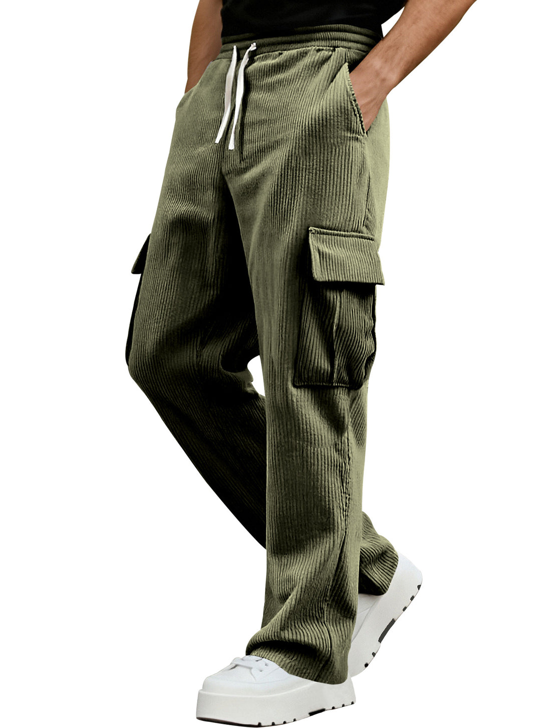 Men's casual corduroy cargo pants with elastic drawstring waist, straight leg, and flap pockets StylebySassy
