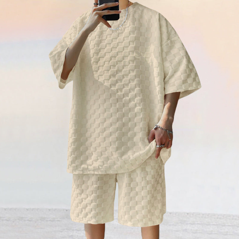 Unisex nan structured relief set made of honeycomb jersey with oversized shirt and knee-length shorts StylebySassy