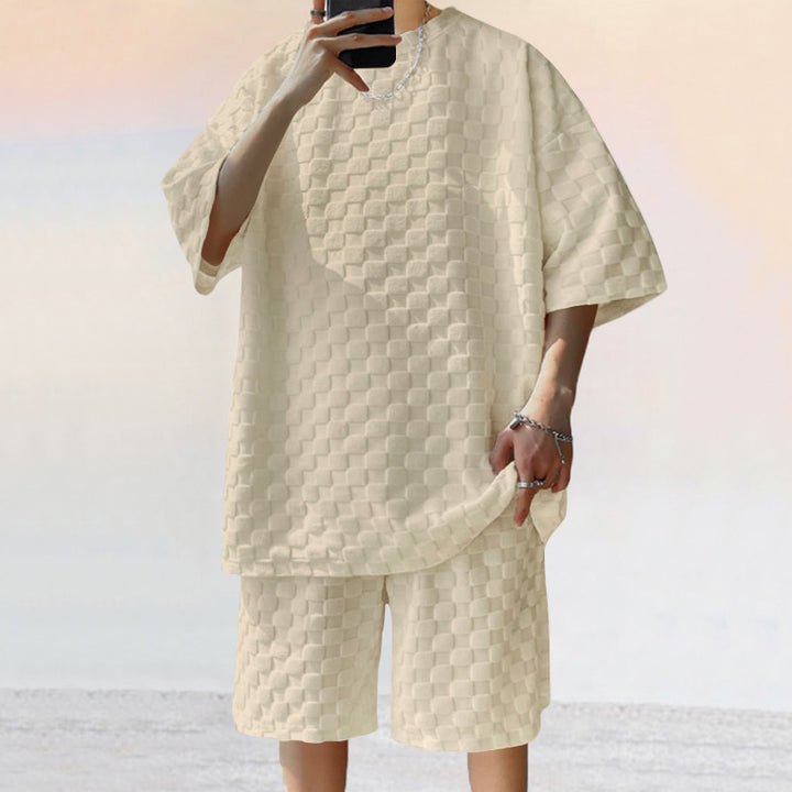 Unisex nan structured relief set made of honeycomb jersey with oversized shirt and knee-length shorts StylebySassy