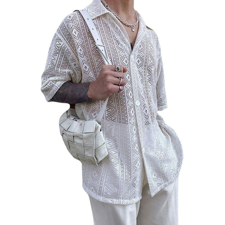 Women's light crocheted blouse with shirt collar and button placket StylebySassy