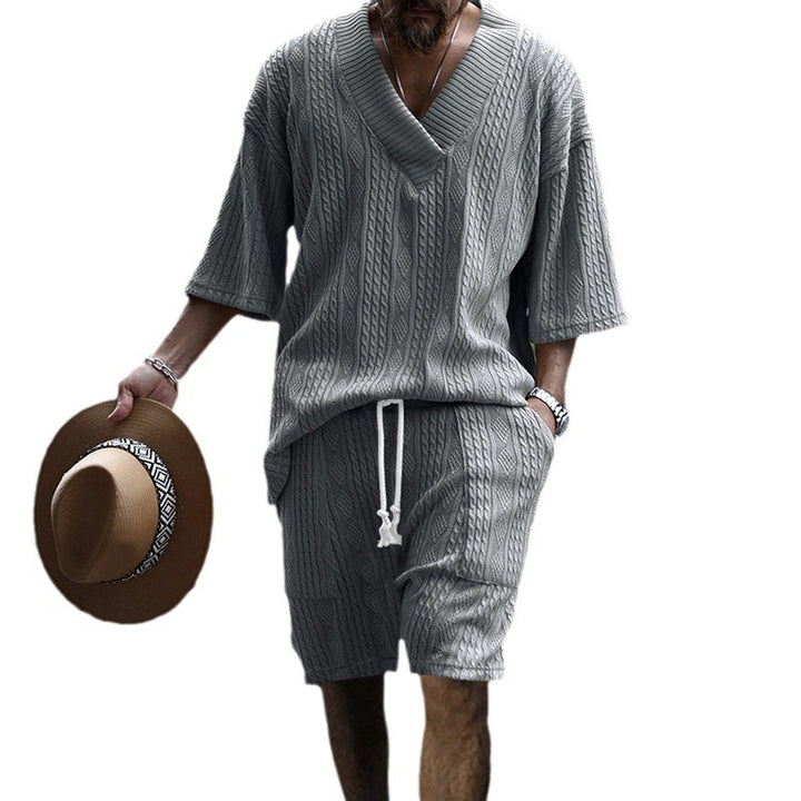 Men's urban braid knit two-piece with deep V-neck, boxy fit and drawstring shorts StylebySassy