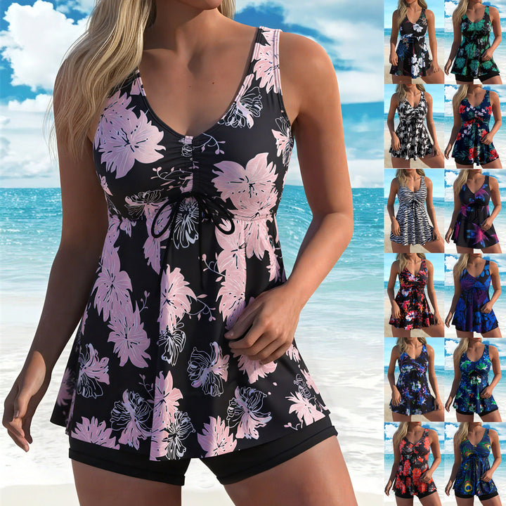 Ladies' tankini set with stylish ruffle and graphic peacock pattern StylebySassy