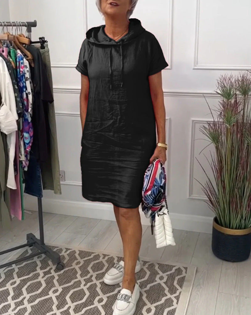 Women's casual hooded midi dress with short sleeves and straight relaxed fit StylebySassy