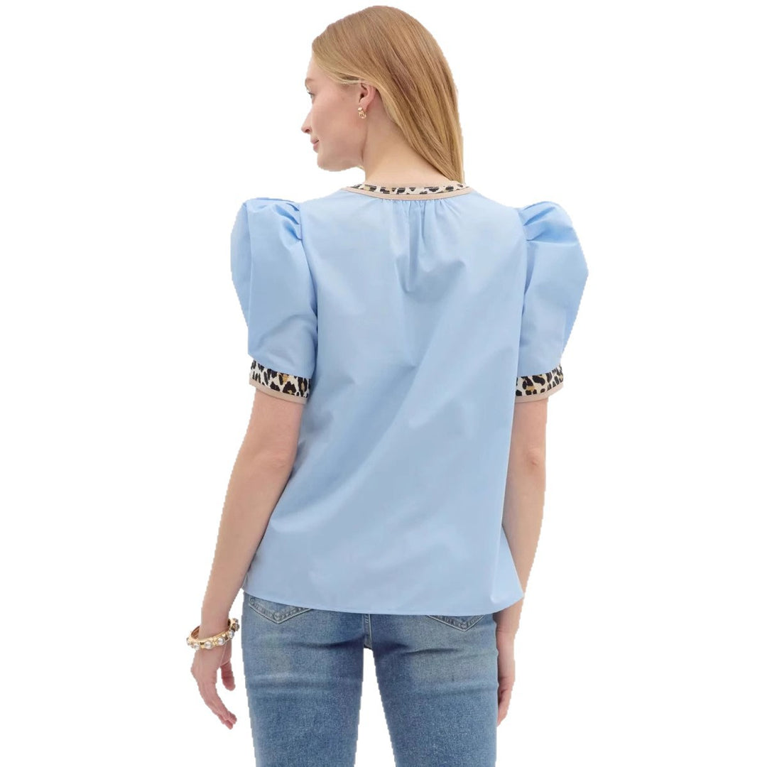 Women's nan legeres blouse-top with voluminous puff sleeves, V-neck and leopard print trim StylebySassy