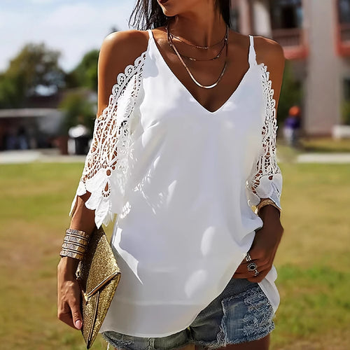 Women's off-the-shoulder spaghetti strap top with crocheted lace sleeves and V-neck StylebySassy