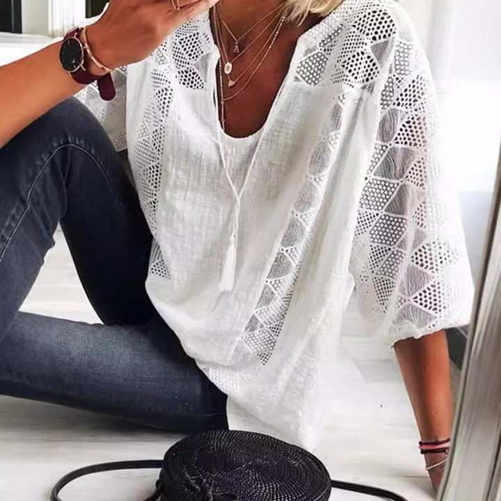 Women's airy crochet blouse with V-neck and balloon sleeves StylebySassy