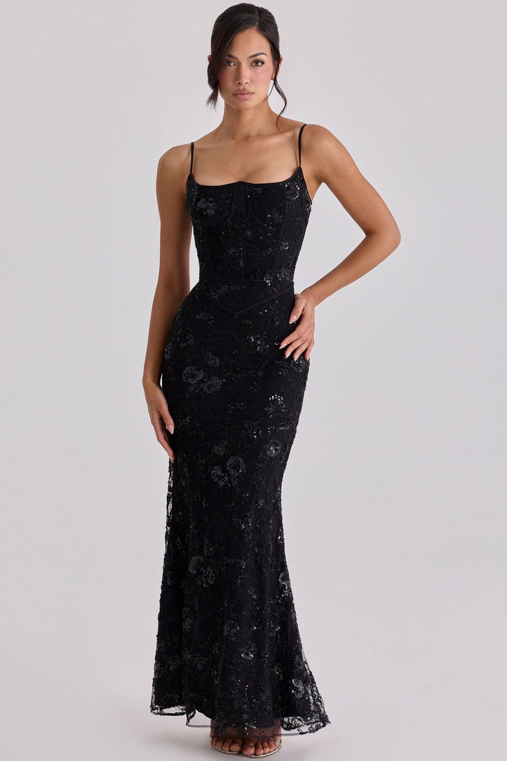 Ladies elegant embroidered evening dress with corset top and transparent lace overlay StylebySassy