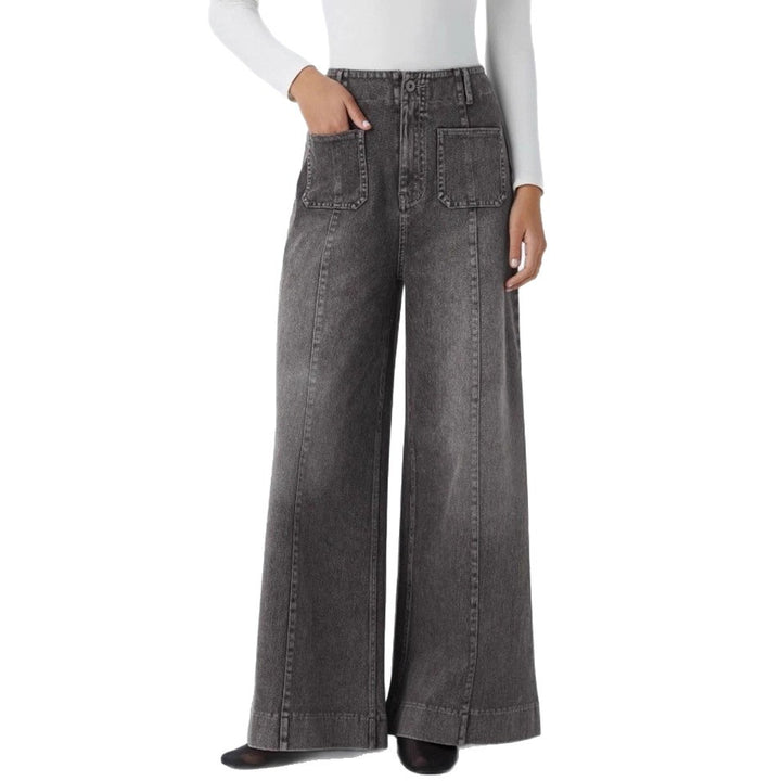 Ladies high-waisted jeans palazzo pants with wide legs and patch front pockets StylebySassy