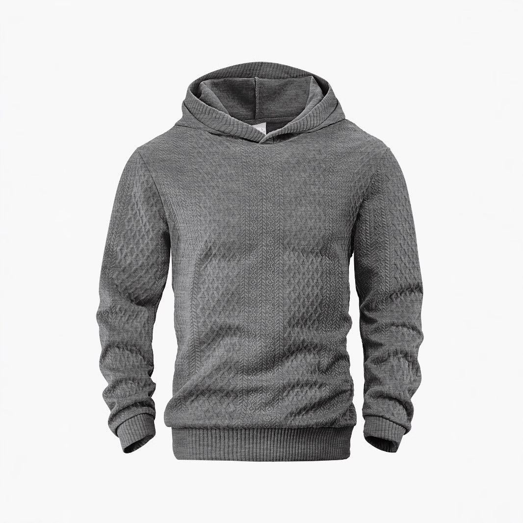 Men's structured funnel neck pullover with hood and honeycomb jacquard StylebySassy