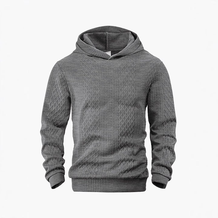 Men's structured funnel neck pullover with hood and honeycomb jacquard StylebySassy