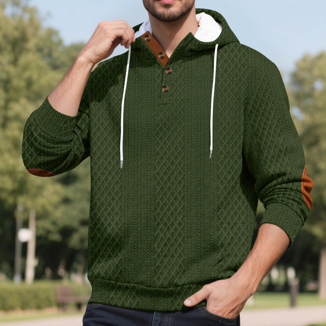 Men's nan diamond structure hoodie with short button placket, quilted hood inner edge, and suede elbow patch StylebySassy