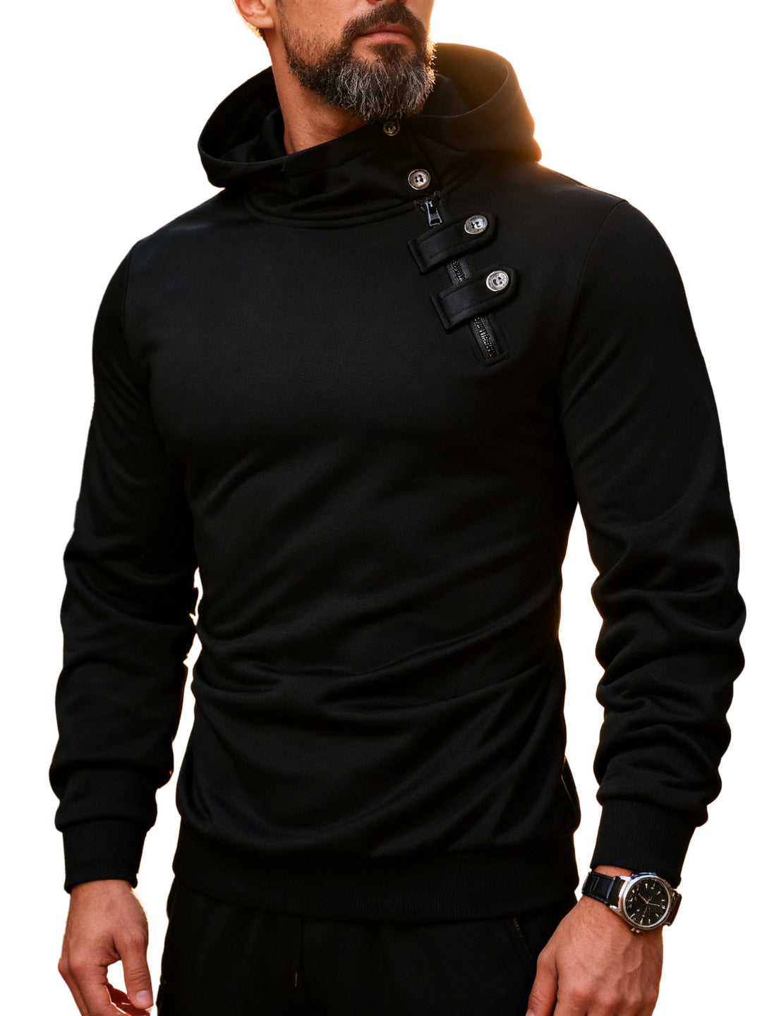 Men's fitted hoodie with high collar, decorative tabs and concealed diagonal zipper StylebySassy