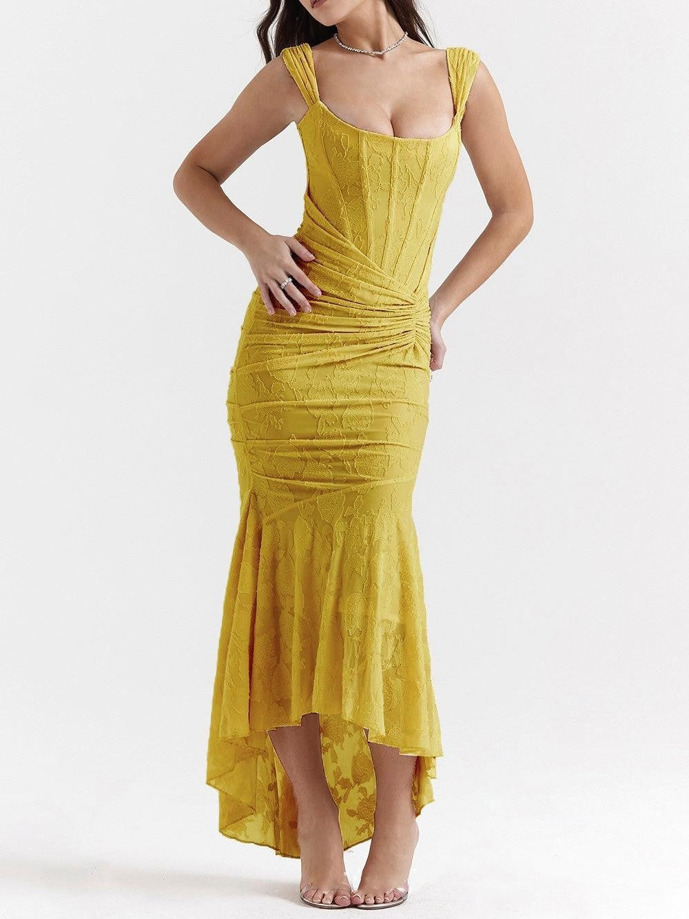Women’s tight-fitting corset evening dress with integrated boning, ruched wrap design, and floral jacquard texture StylebySassy
