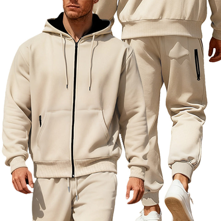 Men's hooded sweatshirt set with full zipper, kangaroo pocket, and tapered joggers with zip pockets StylebySassy