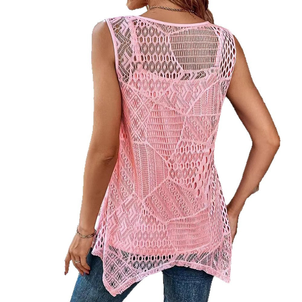 Women's two-layer crochet overlay with jersey inner top, single-button closure and asymmetrical hem StylebySassy