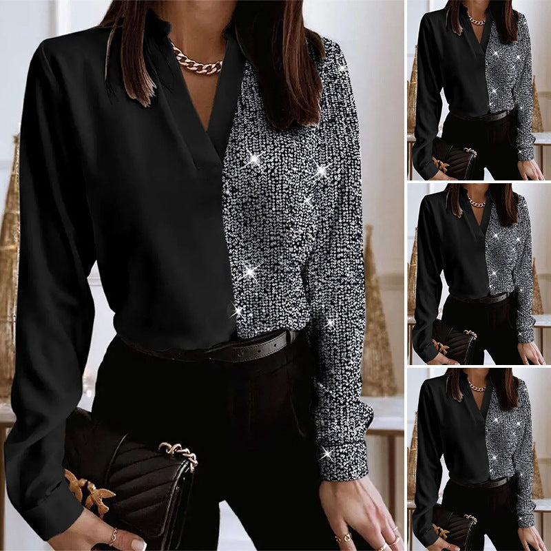 Women's elegant shirt blouse with half-side sequin embellishment, V-neck and slightly tailored fit StylebySassy