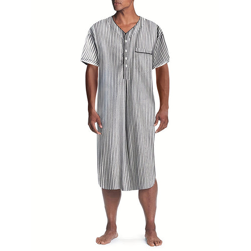Men's striped lounge shirt with V-neck button placket and chest pocket StylebySassy