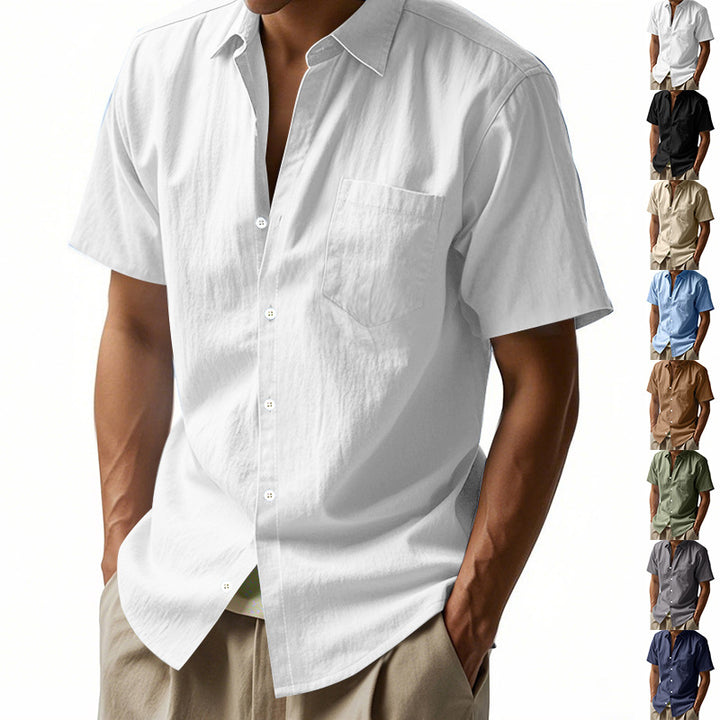 Men's short-sleeved casual shirt made of linen blend with chest pocket and rounded hem StylebySassy