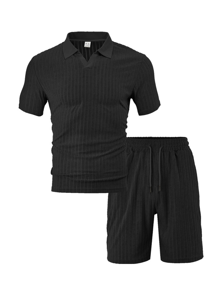 Men's knit lounge ensemble with polo collar V-insert and drawstring bermudas StylebySassy