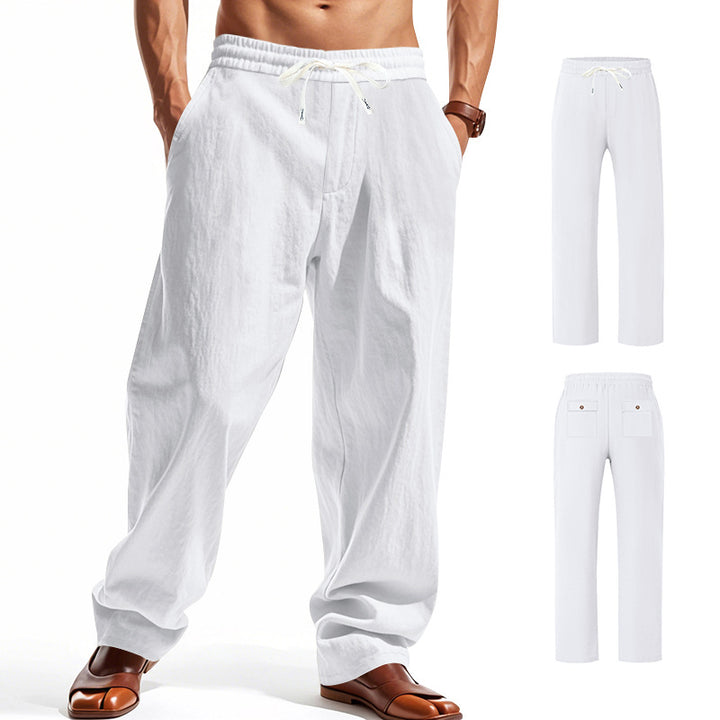 Men's wide comfort trousers in linen blend with elastic drawstring, straight leg, and patch back pockets StylebySassy