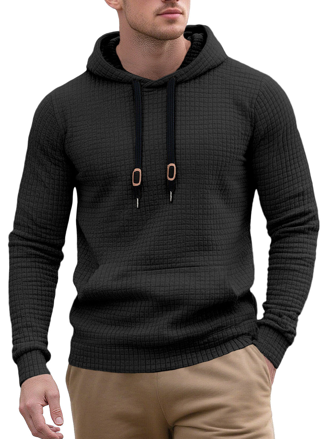 Men's narrow-cut quilted hoodie with fine square texture, drawstring and ribbed hem StylebySassy