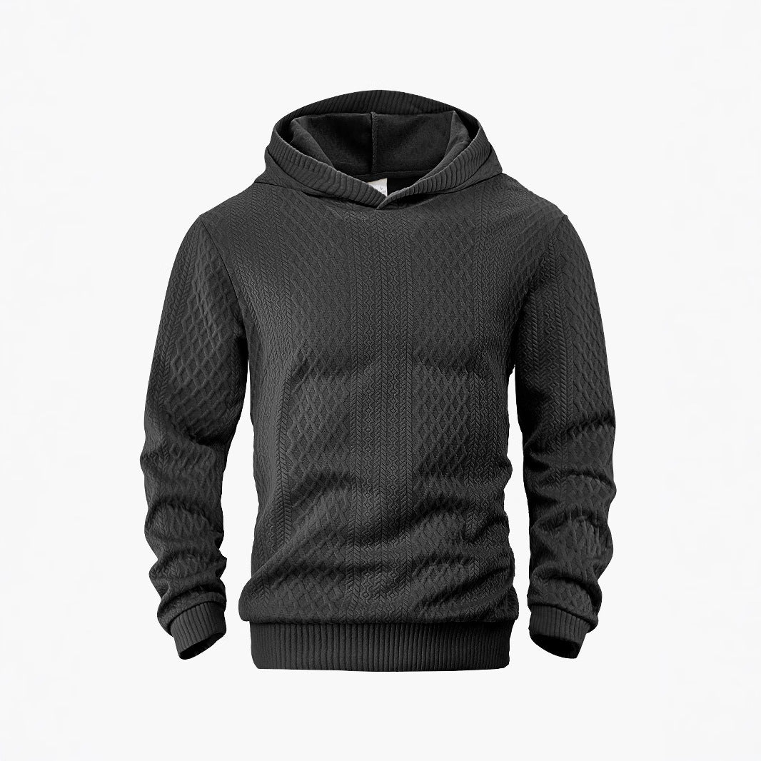 Men's structured funnel neck pullover with hood and honeycomb jacquard StylebySassy