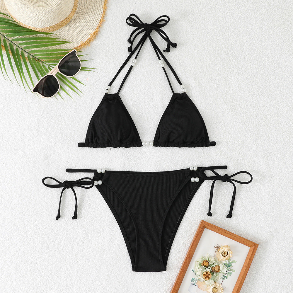 Women's Triangle Bikini with Refined Pearl Accents StylebySassy