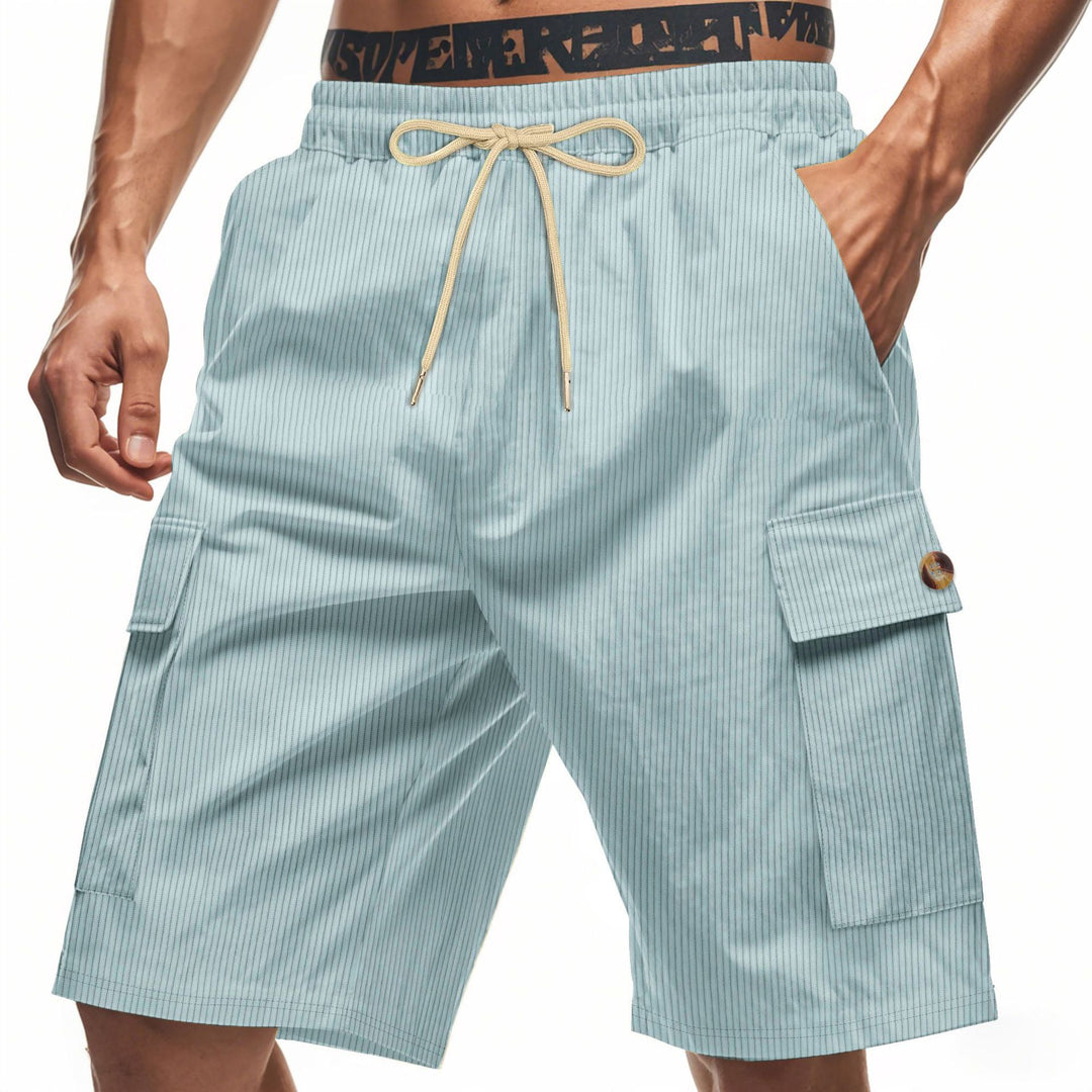 Men's casual utility bermuda with fine ribbed texture, elastic drawstring, and flap pockets StylebySassy