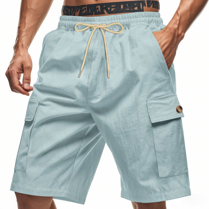 Men's casual utility bermuda with fine ribbed texture, elastic drawstring, and flap pockets StylebySassy