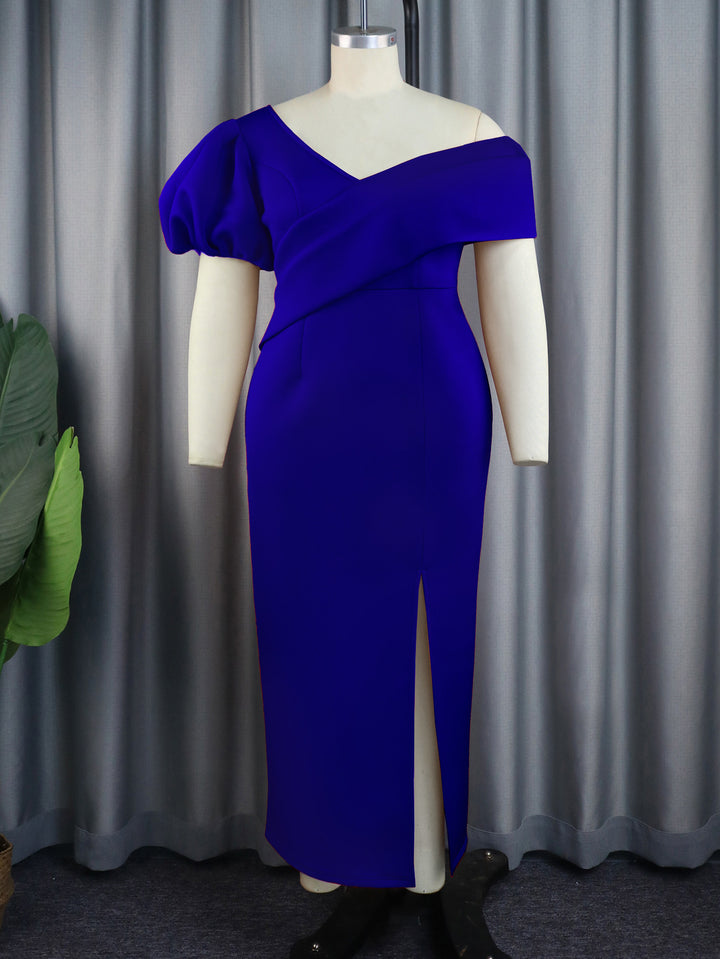 Women Elegant, figure-hugging evening dress with asymmetrical neckline and puff sleeves StylebySassy