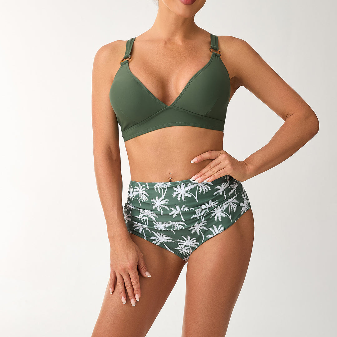 Women High-Waisted Bikini Set with Adjustable Straps and Stylish Palm Print StylebySassy