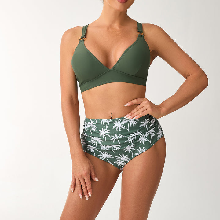 Women High-Waisted Bikini Set with Adjustable Straps and Stylish Palm Print StylebySassy