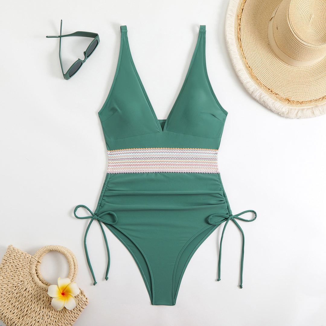 Women's One-Piece Swimsuit with Elegant V-Neck and Adjustable Ruching Element StylebySassy