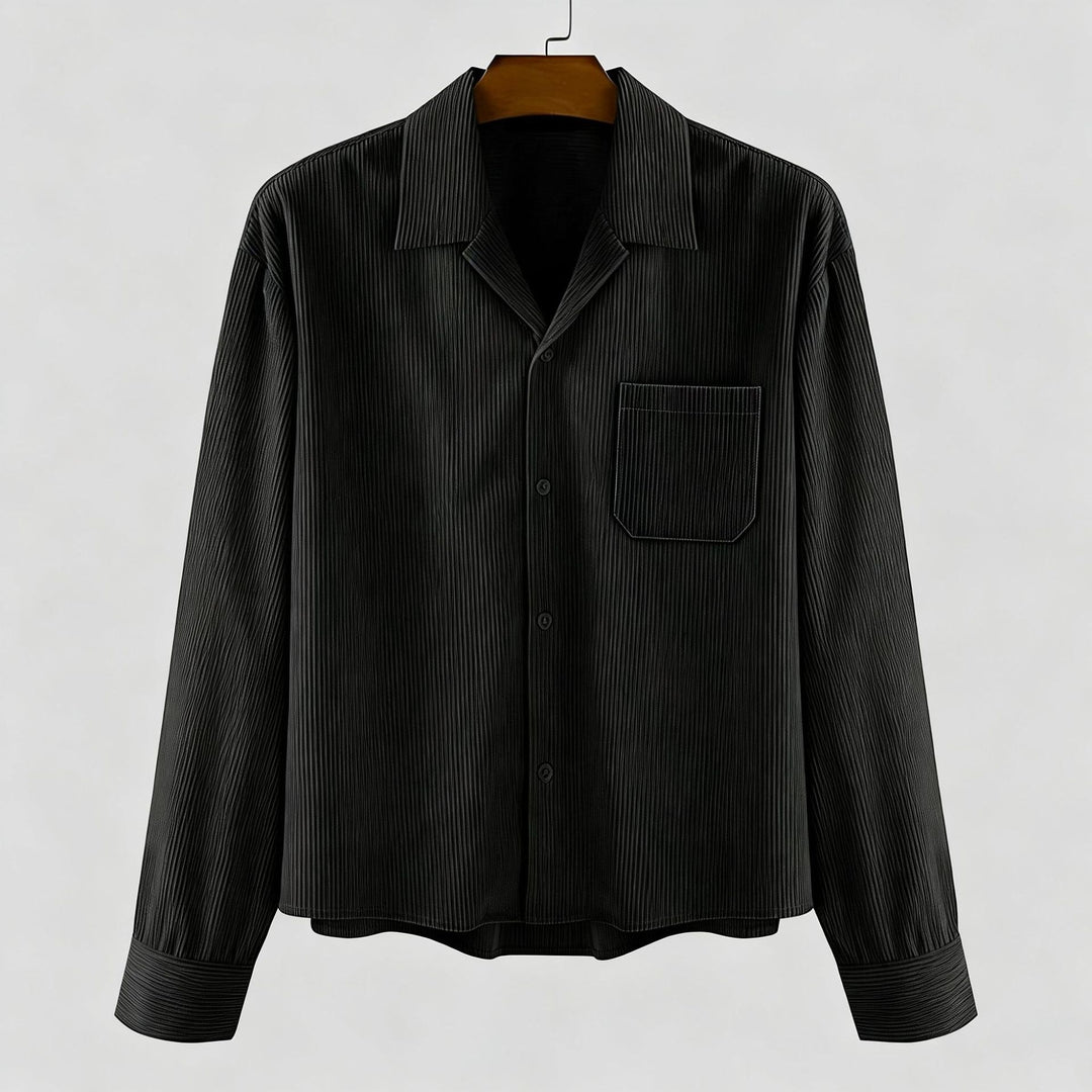 Men's ribbed long sleeve shirt with lapel collar, chest pocket, and relaxed fit StylebySassy