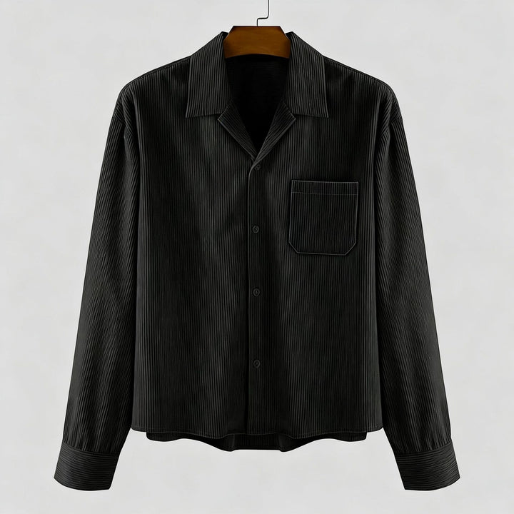 Men's ribbed long sleeve shirt with lapel collar, chest pocket, and relaxed fit StylebySassy