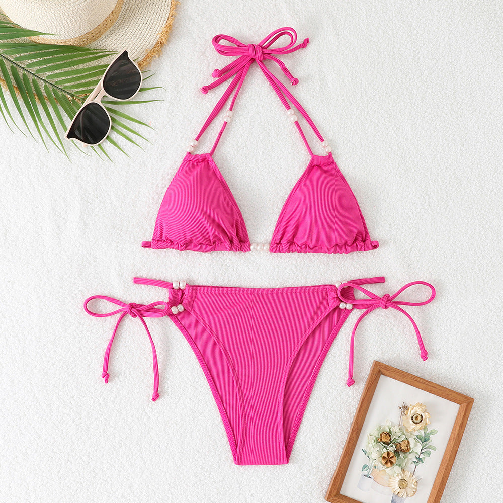 Women's Triangle Bikini with Refined Pearl Accents StylebySassy