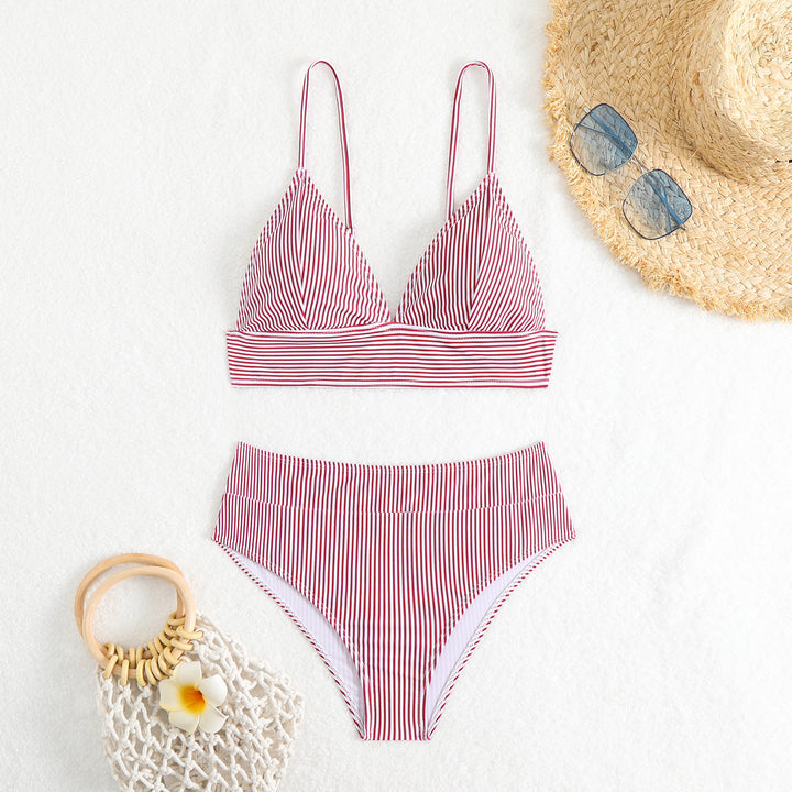 Women's High-Waisted Bikini Set with Fine Stripes StylebySassy