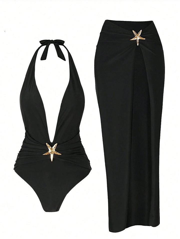 Women elegant one-piece swimsuit with chic skirt StylebySassy