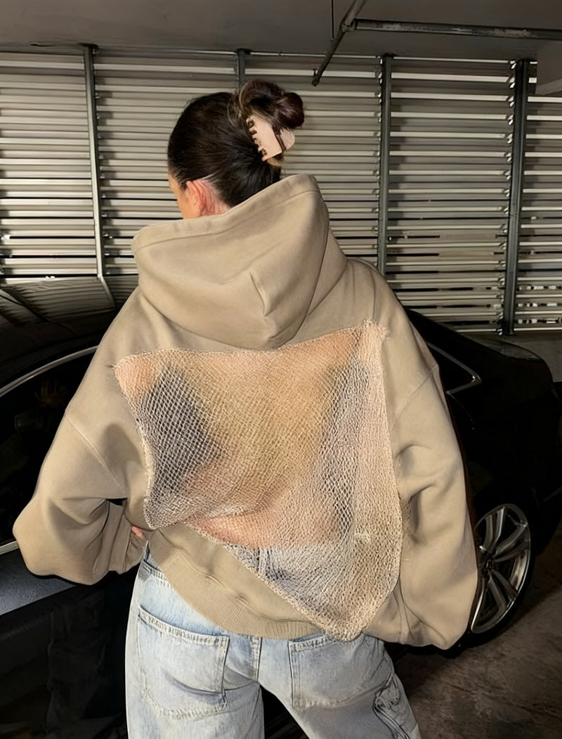 Women's hooded sweatshirt with transparent embroidered back section StylebySassy