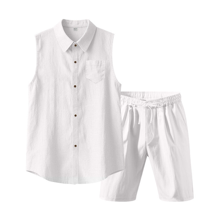 Men's sleeveless shirt and shorts set made of cotton-linen with kent collar and elastic drawstring waistband StylebySassy