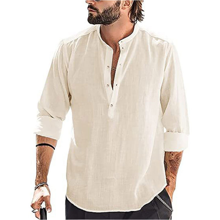 Men's relaxed long sleeve Henley shirt made of breathable linen blend with stand-up collar StylebySassy