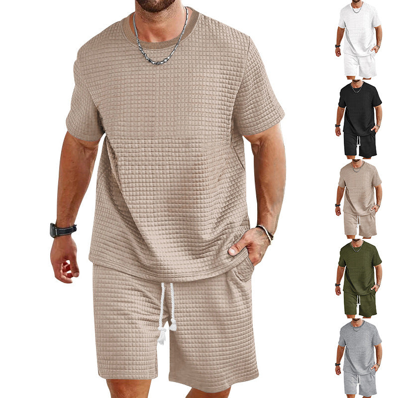 Men's waffle structure lounge and leisure set with wide-cut short-sleeve shirt and shorts with elastic waistband StylebySassy