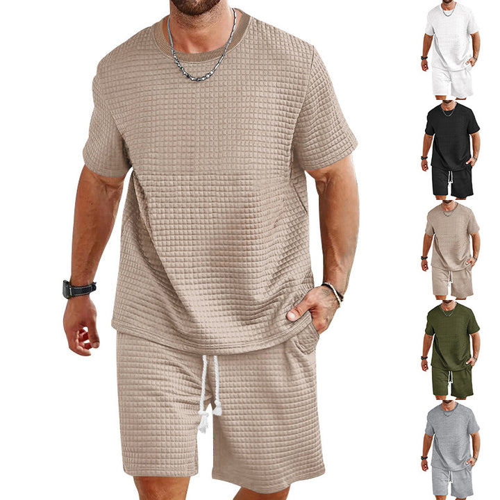 Men's waffle structure lounge and leisure set with wide-cut short-sleeve shirt and shorts with elastic waistband StylebySassy
